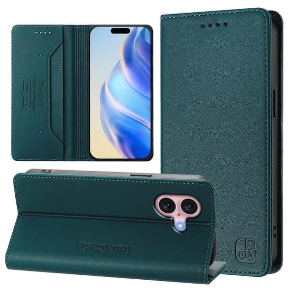 Läderfodral RINACASIS RC01 för iPhone 16 med RFID-skydd, plånboksställ Multicolor Dark Green