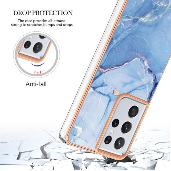 Skyddande phone case för Samsung Galaxy S21 Ultra 5g Yb Imd Series-16 Style E 2.0mm Imd Marmormönster Galvaniseringsram Tpu cover Blue