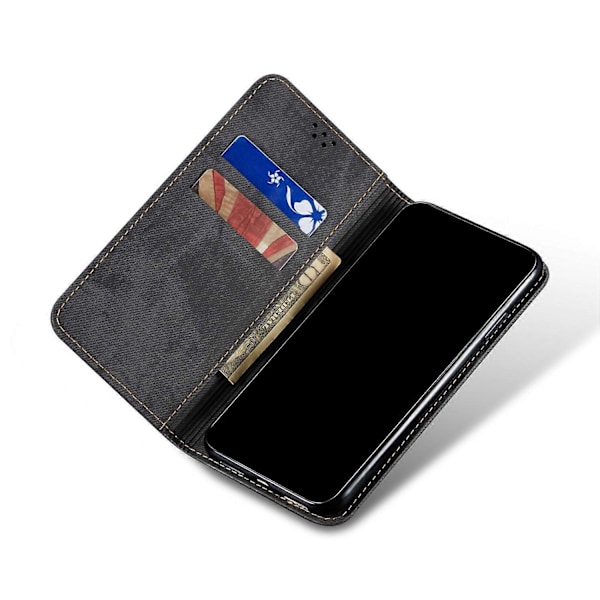 Allround Beskyttelse Jeans Stof Tekstur Læderpung Stand Case til iPhone 13 mini 5.4 tommer