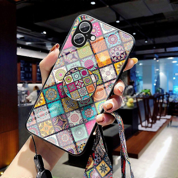 Skal till iPhone 16 Plus med Stöd Etniskt Mönster Härdat Glas Telefonskydd med Rem Multicolor Checkered Pattern