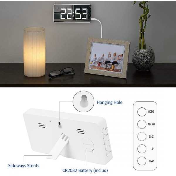 Digital väckarklocka Stor spegel LED-klocka Snooze-funktion Dimningsläge bredvid klocka för inredning i sovrummet -vit