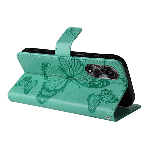 Læder Etui til Oppo A78 4g, Tegnebog Stand Præget Sommerfugl Telefon Cover Green