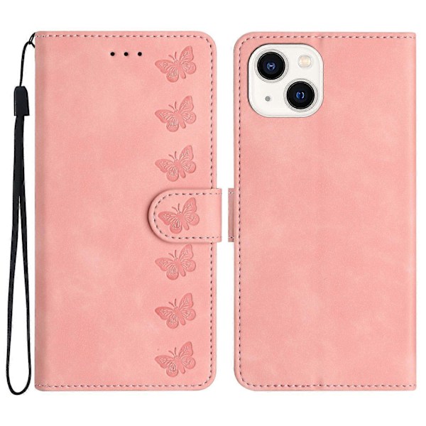 Til iPhone 13 6.1 tommer Sommerfugl Præget PU Læder Stand Telefon Etui Wallet Shell