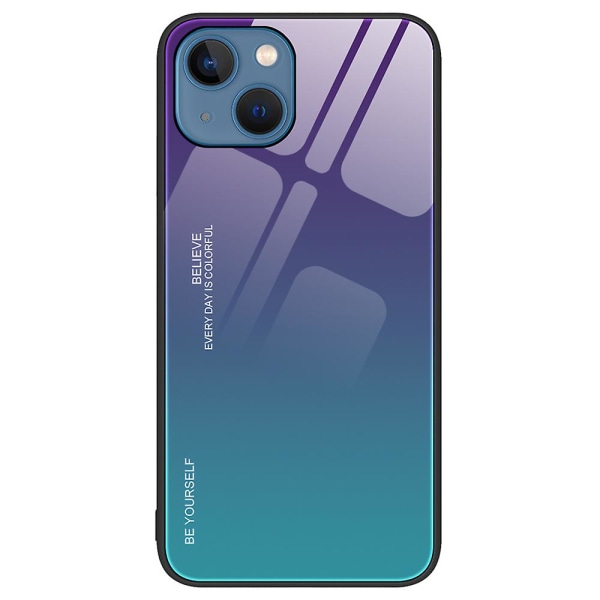 For iPhone 15 Telefondeksel Gradient Farge Herdet Glass + PC + TPU Anti-fall Deksel Purple Blue