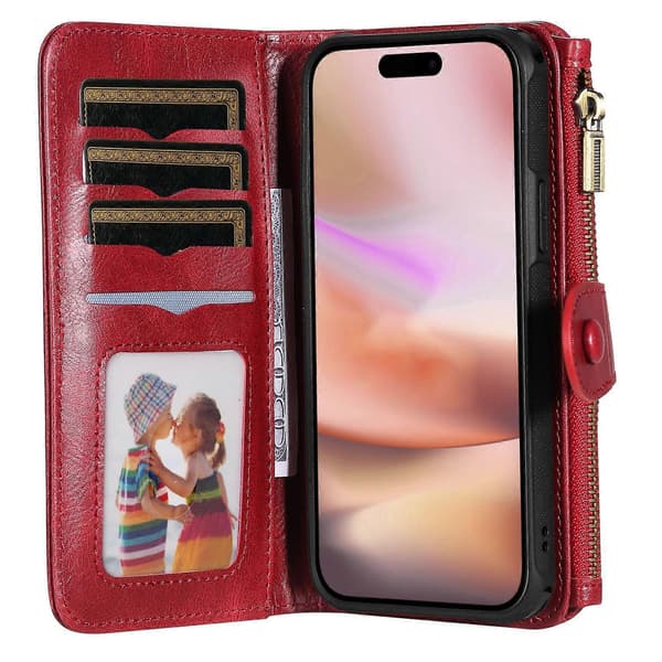 KT Multi-Functional Series-3 Deksel til iPhone 16 Plus PU-Lær Glidelås Lommebok Avtakbart Deksel Multicolor Red