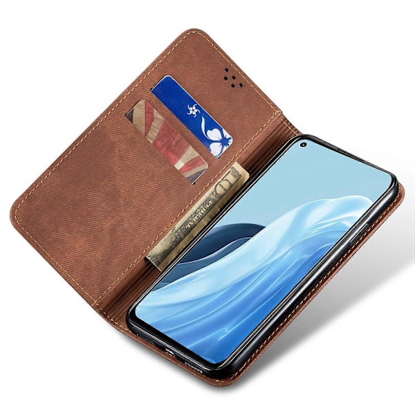 Jeansstof tekstur telefoncover i PU-læder med stativ til Oppo Find X7 5G Multicolor Coffee