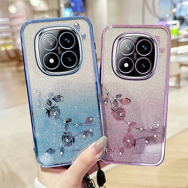 KADEM Deksel til Xiaomi Redmi Note 14 Pro+ 5G Blomstermønster TPU Gradient Telefondeksel med Lanyard Multicolor Rose Gold