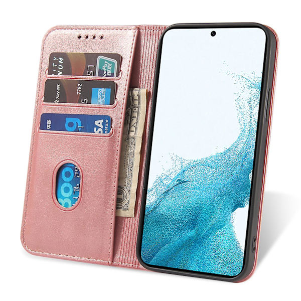 Fallsäkert phone case för Samsung Galaxy S21 Fe 5g , Pu läder plånboksställ Business Style Cover Rose Gold