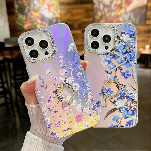 Blommig Lasertextur Skal för iPhone 15 Pro Max med Ringstativ Multicolor Style B