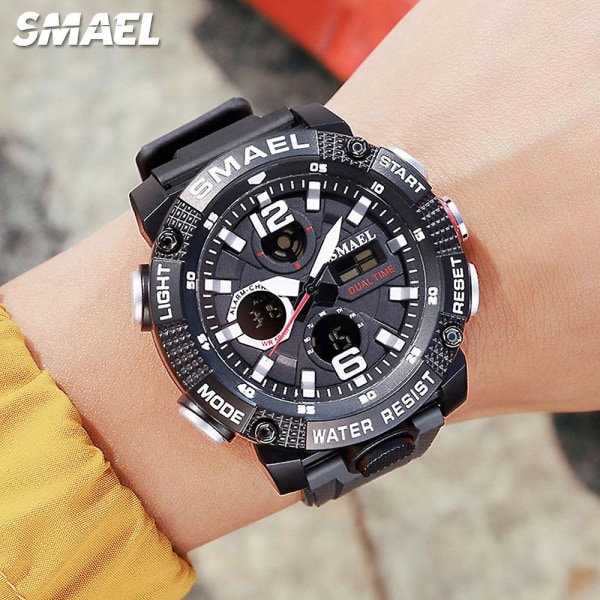 Smael Dual Time Led Display Digital watch För män Vattentät Simning Quartz Sportklockor Auto Date Alarm Clock Armbandsur 8039 Khaki-Box