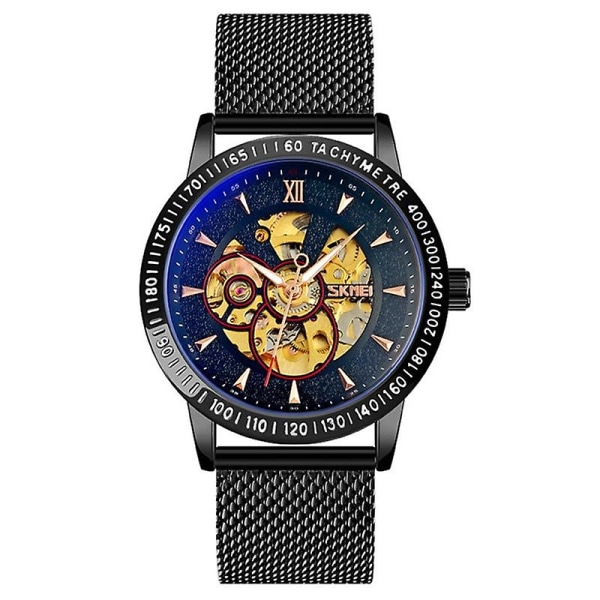 Skmei 9216 Män Skeleton Automatisk Mekanisk Watch Rostfritt stål Band Lysande Watch Black Shell Black Noodle