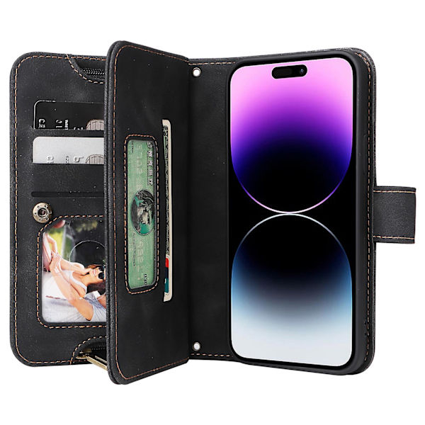 För Iphone 14 Pro Max Anti-dropp phone case Stativ Blixtlåsficka Läder Cover med remmar Black