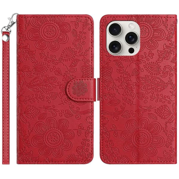Blommig Läderplånboksfodral med handledsrem för iPhone 14 Pro Multicolor Style A