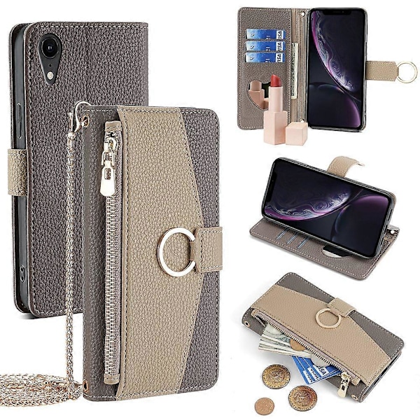 För iPhone XR Fodral PU Läder Telefonfodral Plånbok Sminkspegel med Axelrem - Grön Multicolor Grey