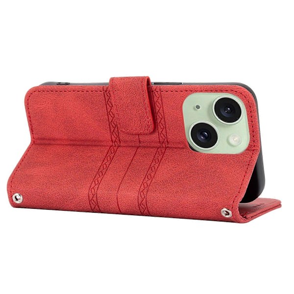 För iPhone 15 Plus Skal Präglat PU Läder Plånbok Anti-fall Telefonskydd med Rem Multicolor Style C