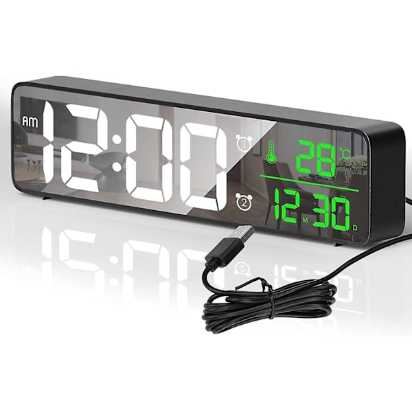 Digital väckarklocka, LED digital klocka Spegelväckarklocka med 42 ljud, temperatur och datum, ljusstyrkajusterad LED-väggklocka på stor skärm, svart