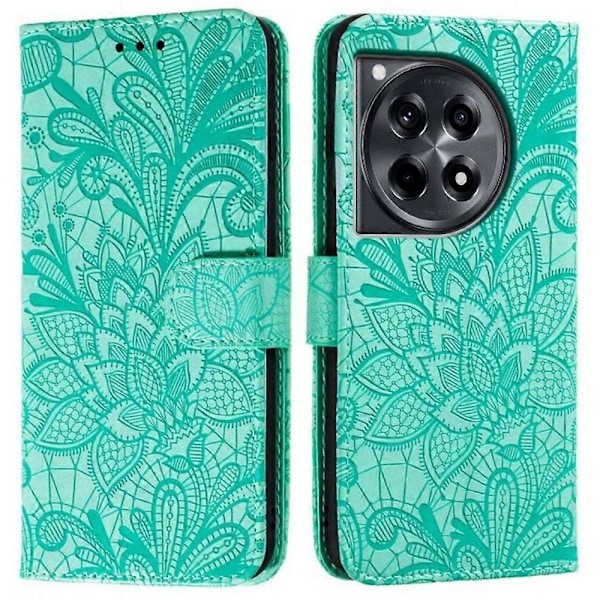 OnePlus Ace 3 5G Kotelo Pitsi Kukkia PU Nahka Flip Lompakko Puhelinkotelo - Harmaa Multicolor Green