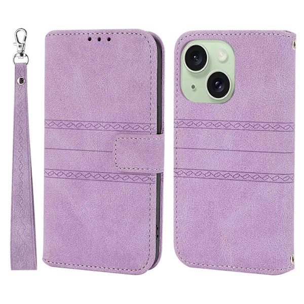 För iPhone 15 Plus Skal Präglat PU Läder Plånbok Anti-fall Telefonskydd med Rem Multicolor Style F
