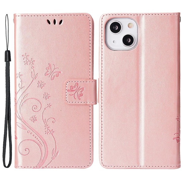 För Iphone 15 Plus Pu Läder Cover Phone case Imprinted Butterflies Shell Stand with rem Rose Gold