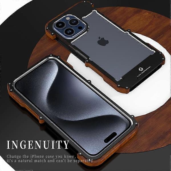 R-JUST Deksel til iPhone 15 Pro Max, Fallsikkert Tre + Aluminiumlegering Bumper Ramme