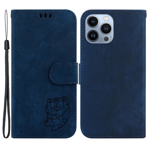 Cartoon Tiger Imprint Cover för Iphone 14 Pro Läder Plånboksställ anti-scratch Phone case Dark Blue