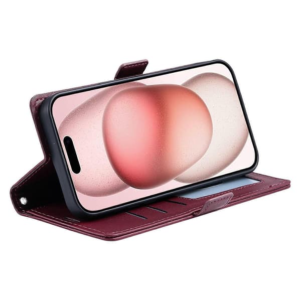Læderetui med rombemønster, pung og stativ til iPhone 16 Plus med håndledsrem Multicolor Wine Red