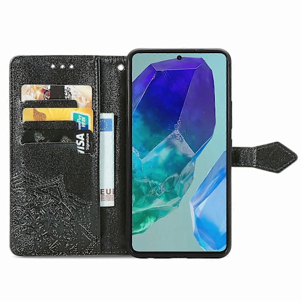 Til Samsung Galaxy S24 FE Etui Mandala Præget Design Læder Wallet Telefon Cover - Grå Multicolor Black
