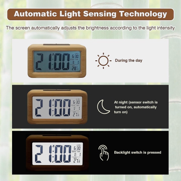 Digitalt Vækkeur i Træ, Stort LED-display, 12/24 Timers Visning, Smart Sensor Natlys