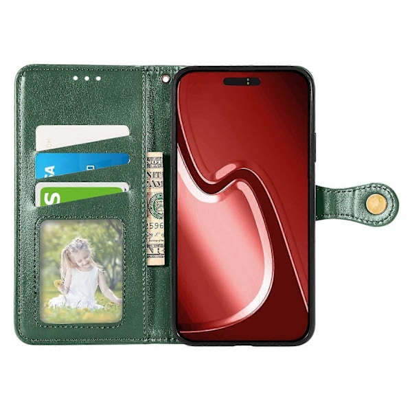 Læder telefoncover med pung, stativ og håndledsrem til iPhone 16 Pro Max - Multicolor Green