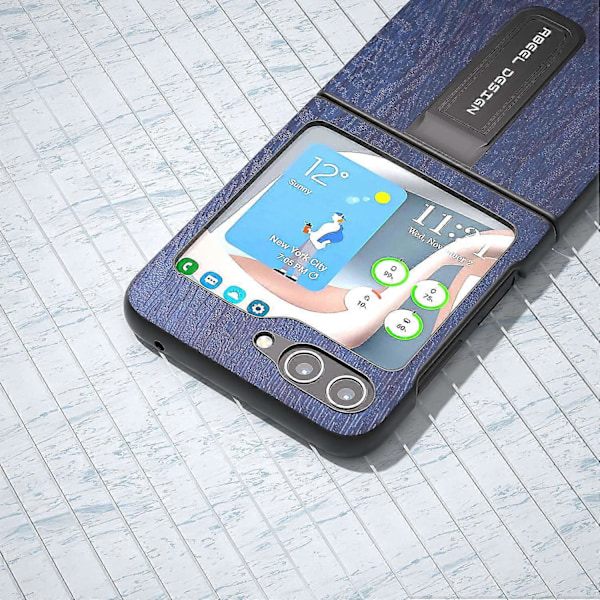 Til Samsung Galaxy Z Flip5 5G Trætekstur Bagside PU Læder+PC Støtteben Telefon Cover Multicolor Style B