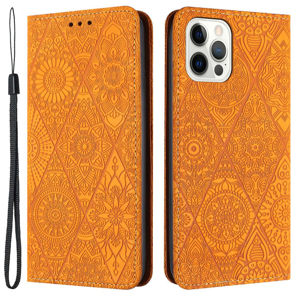 Wallet Case til iPhone 15 Pro Max PU Læder Retro Blomsterpræget Stand Telefon Cover Yellow