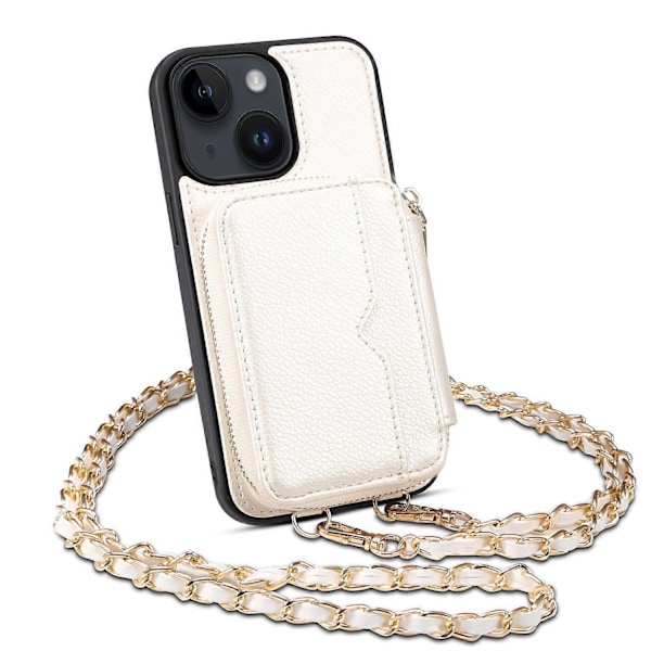 För iPhone 15 Plus Ställ Zipper Plånbok Baksida PU Läder+TPU Mobilskal med Kedjerem Multicolor Style A