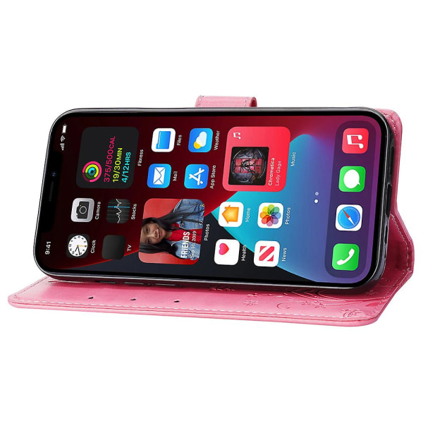 För Iphone 15 Plus Pu Läder Cover Phone case Imprinted Butterflies Shell Stand with rem Pink