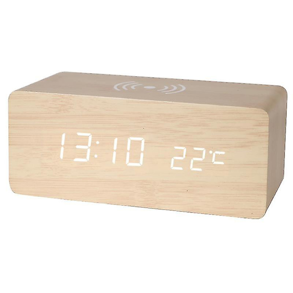 Trä Digital Väckarklocka Fm Radio,10w Snabb Trådlös Laddningsstation För Iphone/Samsung Galaxy,5 Level Dimmer, USB Laddningsport,2 Wake Up Sounds,bedr White Yellow