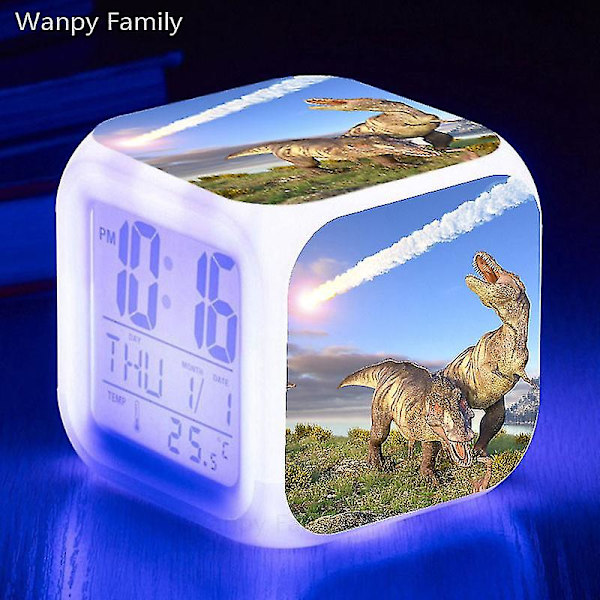 Tyrannosaurus Dinosaurie Väckarklocka 7 färgbyte Multifunktions väckningstimer Barnrum Lysande elektronisk watch Present till barn Blue