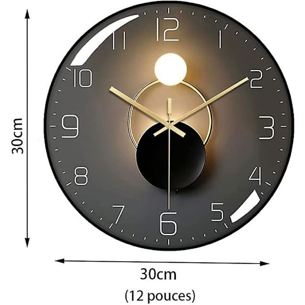 Moderne Lydløst Vægur, 30 cm Diameter Vægpendul Digitalt Rundt Quartz Vægur (sort)