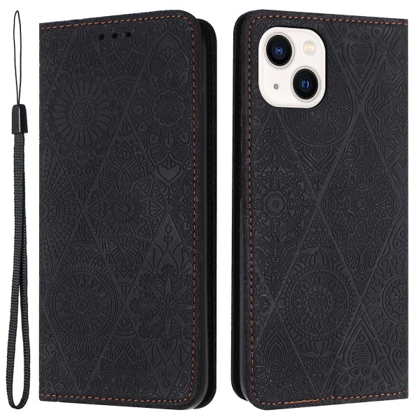 Wallet Case til iPhone 15 Plus Foldbart Stativ PU Læder Retro Blomsterpræget Telefoncover Black