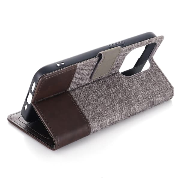 För Iphone 15 Pro Canvas Pu Läder Case Stativ Plånbok Cover Brown