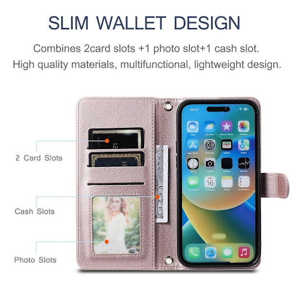 För iPhone 14 Pro Fodral Sömnad Romber Grid PU Läder Plånboksfodral Multicolor Rose Gold