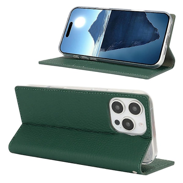 For iPhone 16 Pro Wallet Case Ægte Ko Læder Telefon Cover Litchi Tekstur Multicolor Style C
