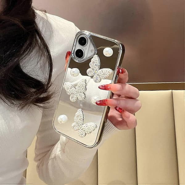 Deksel til iPhone 16, 3D Perle Sommerfugl Speildesign Støtsikkert Telefondeksel med Stropp