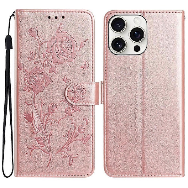 For iPhone 16 Pro Max Wallet Case Rose Mønster Præget Læder Flip Stand Telefon Cover Multicolor Rose Gold