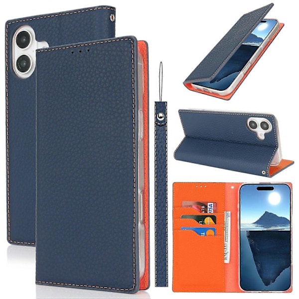 iPhone 16 Plus -lompakkokotelo, aitoa lehmännahkaa, litsirakenne Multicolor Style B