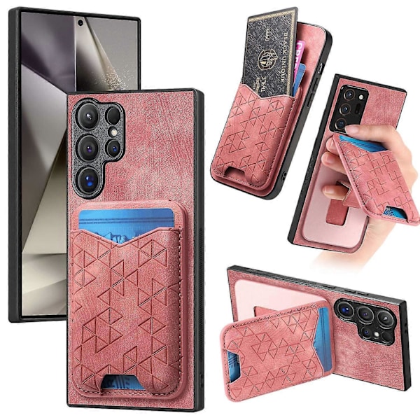 Samsung Galaxy S24 Ultra -kotelo, jossa on painettu kuvio, korttipidike, jalusta ja nahkainen takakansi Multicolor Style A