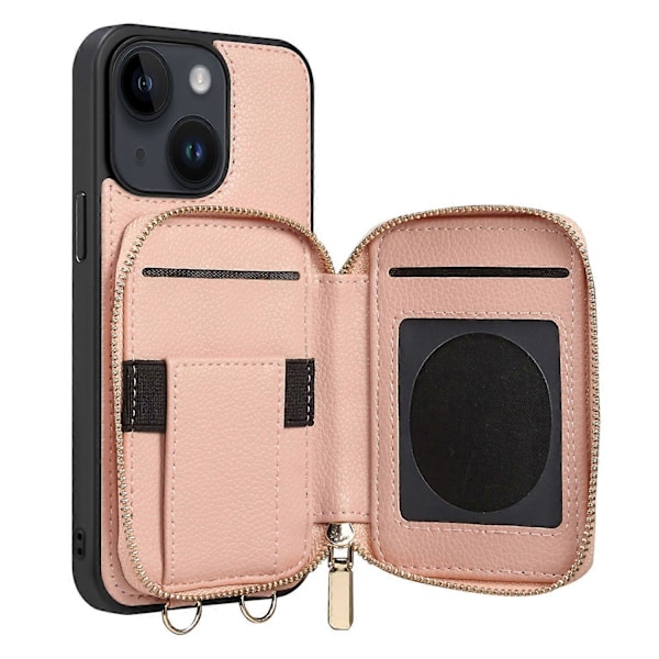 iPhone 15 Plus -puhelimelle jalustallinen vetoketjullinen lompakkotakakansi PU-nahkaa + TPU-puhelinkotelo ketjulla Multicolor Style B