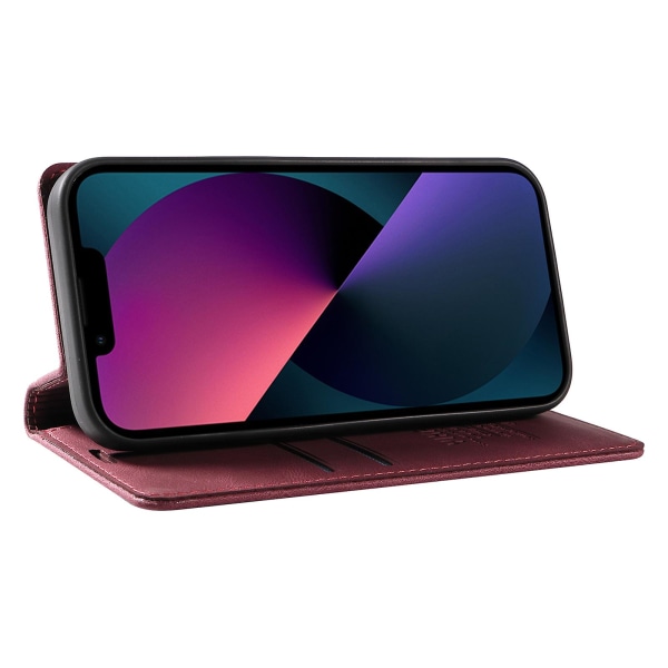 Ihonmyötäinen suojakotelo iPhone 15 Plus -puhelimelle PU-nahasta, lompakko ja jalusta Wine Red