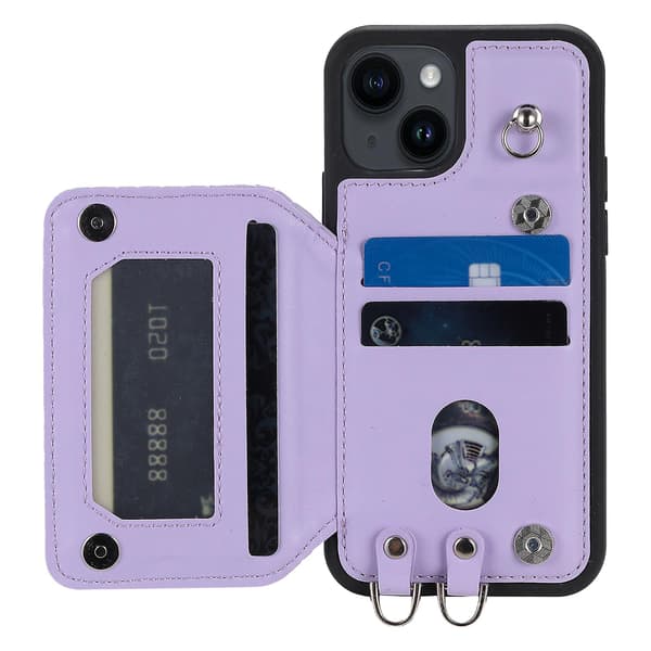 För Iphone 15 Plus Rfid Blocking Case Drop Resistant Pu+tpu telefonskal med handledsrem Purple