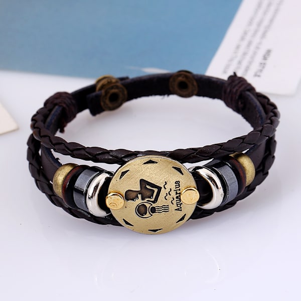 Håndlavet Perlebesat 12 Stjernetegn Koskind Armbånd Personlig Fødselsdagsgave Flettet Justerbar Trendy Læderarmbånd med Gaveæske SK115 Aquarius