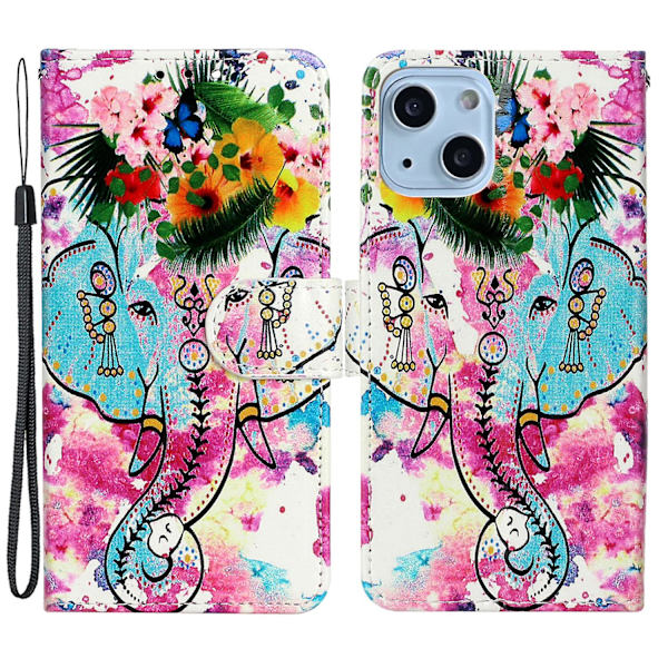 Stativ Telefonplånbok Case För Iphone 15 Plus, Pu Lädermönster Utskrift Cover Flower Elephant