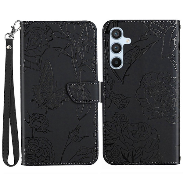 Fodral för Samsung Galaxy A55 5G med fjärilsmönster, läder och handledsrem Multicolor Style A